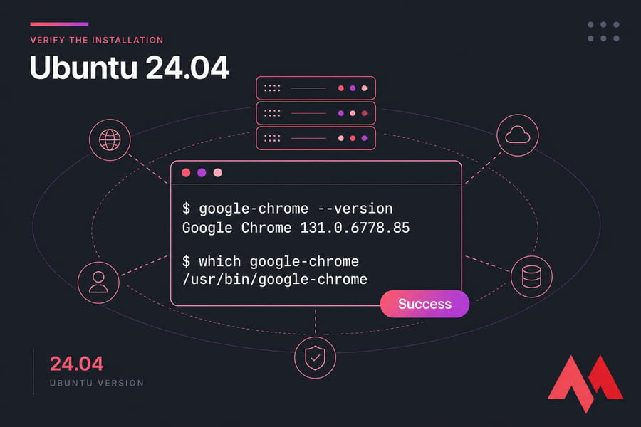 Stylised Ubuntu 24.04 terminal showing Chrome version and binary path verification.
