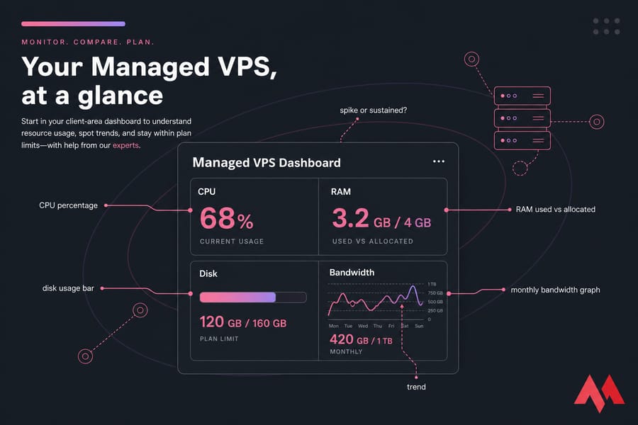Stylised VPS dashboard mockup with CPU, RAM, Disk, and Bandwidth widgets and callout labels.
