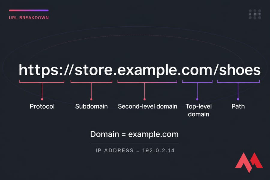 Stylized URL breakdown showing protocol, subdomain, second-level domain, TLD, and path.