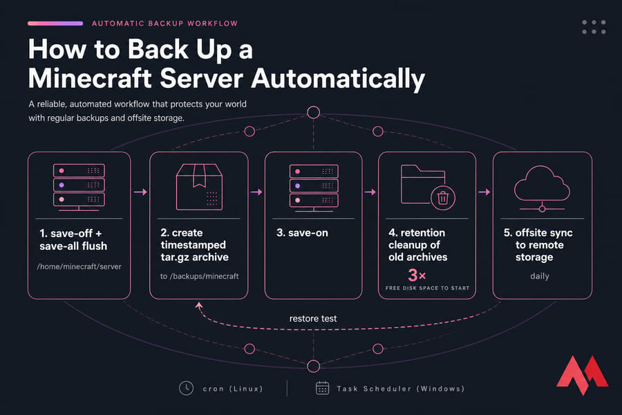 Five-step Minecraft server backup workflow diagram with restore-test feedback loop.