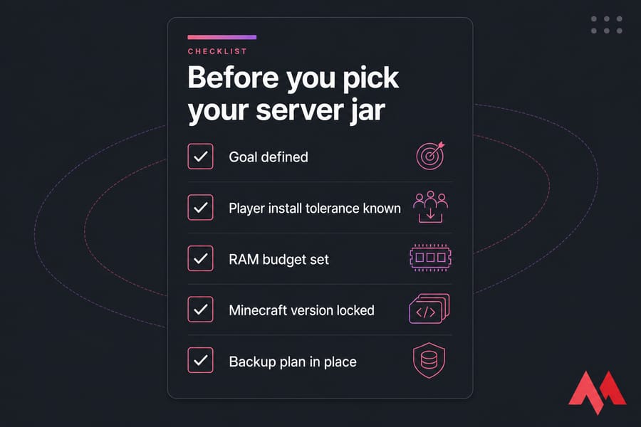 Checklist infographic titled Before you pick your server jar with five setup checks