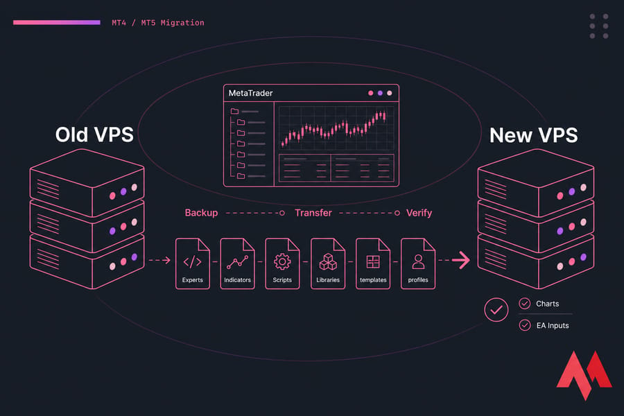 Conceptual MetaTrader VPS migration graphic showing Backup, Transfer, and Verify from Old VPS to New VPS.