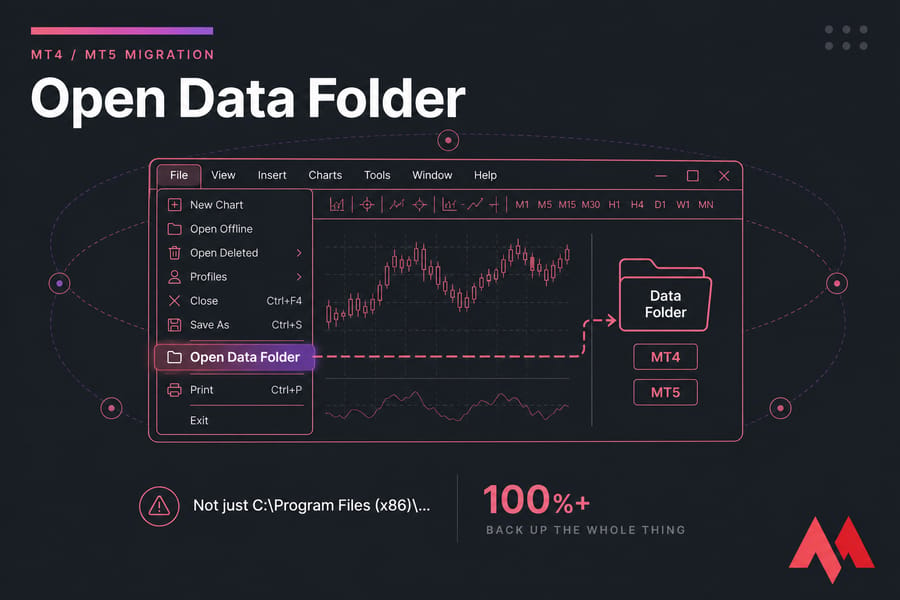 Conceptual MT4 menu illustration highlighting File > Open Data Folder for VPS migration