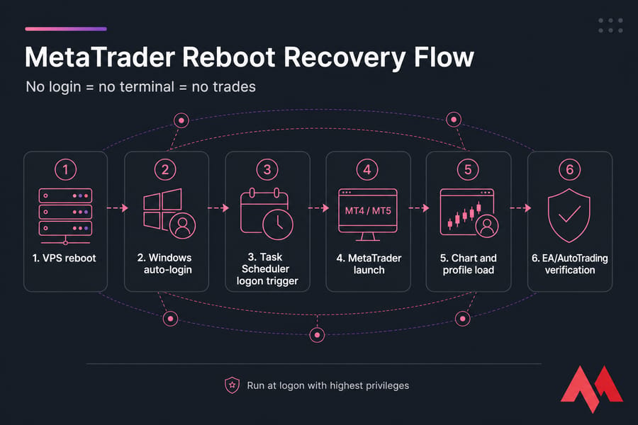 MonoVM-style infographic showing the MetaTrader reboot recovery flow from VPS reboot to EA verification.