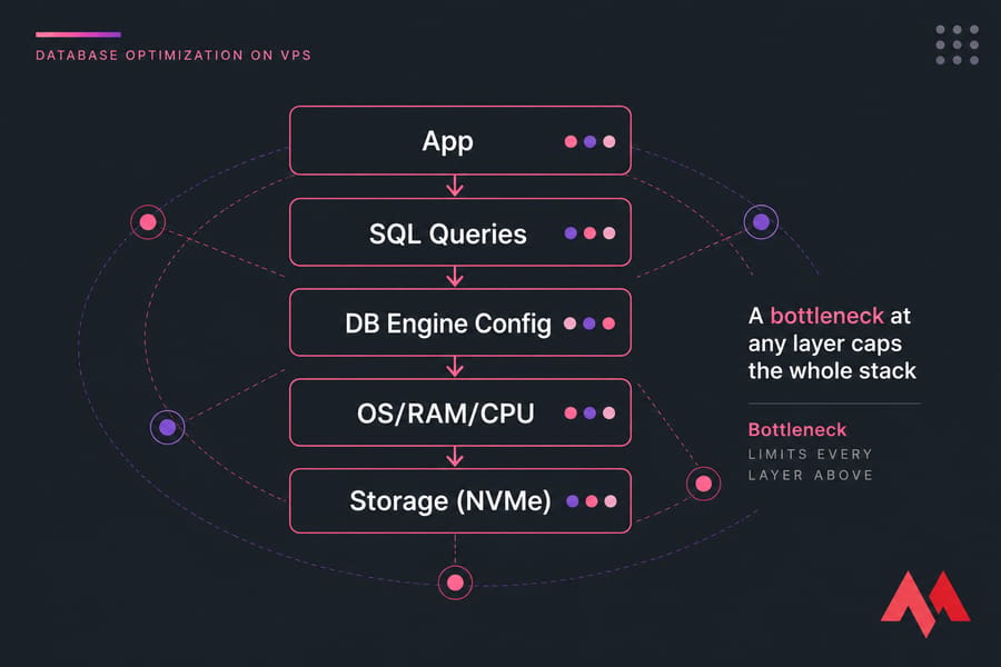 Layered VPS database optimization diagram from App down to Storage (NVMe) with bottleneck note.