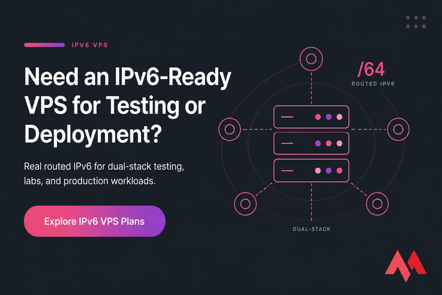 MonoVM-style CTA card for IPv6-ready VPS testing and deployment with Explore IPv6 VPS Plans button