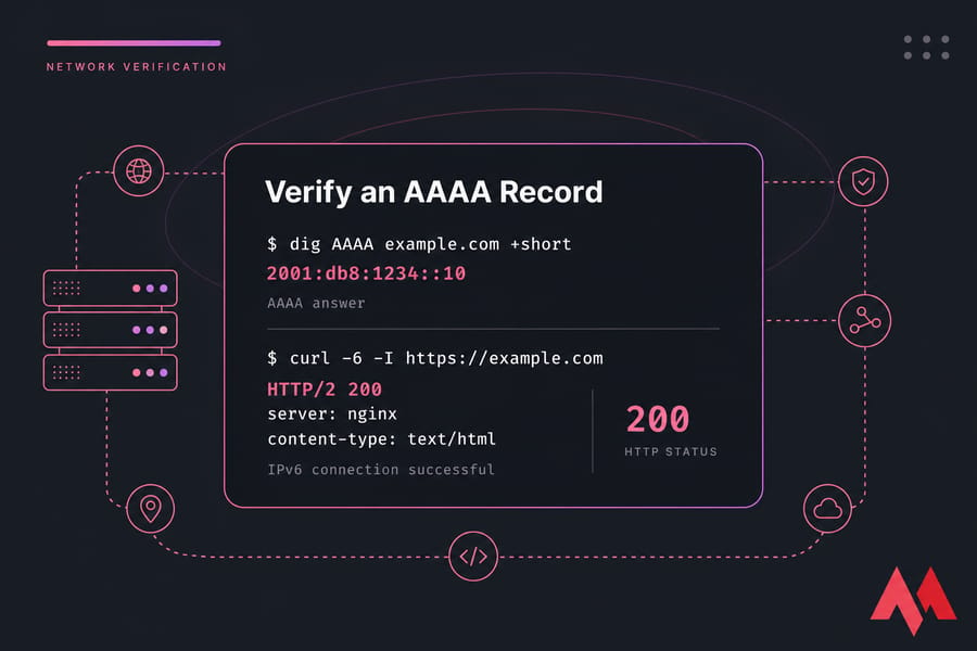 Stylised terminal illustration showing dig AAAA lookup and curl -6 HTTP/2 200 success.