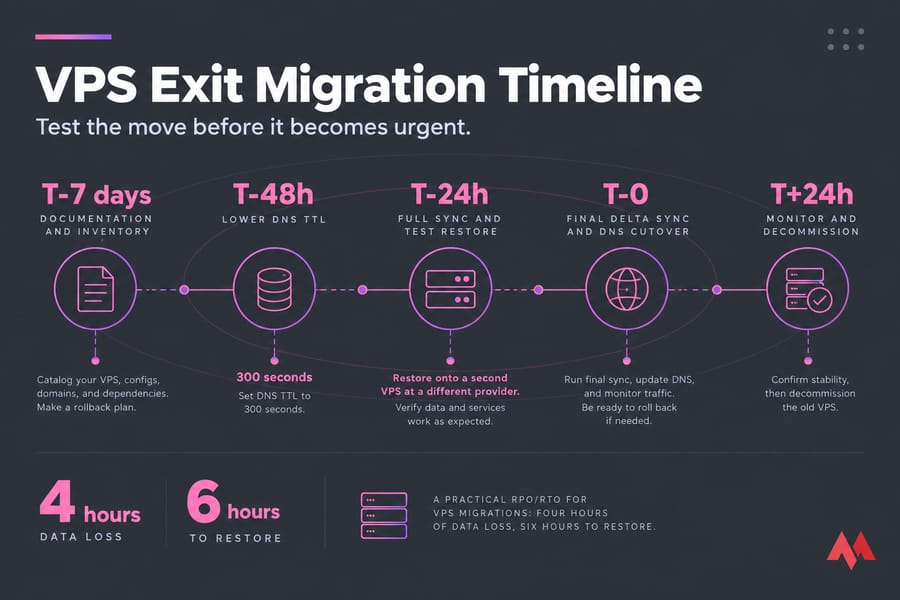 Horizontal VPS migration timeline infographic with five cutover milestones and DNS TTL callout.