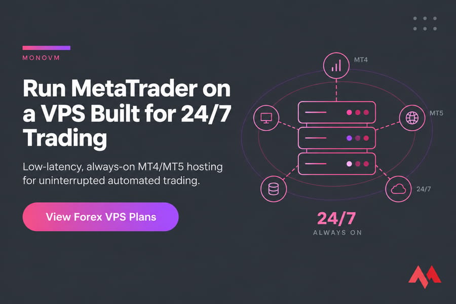 MonoVM CTA card for MetaTrader VPS hosting with 24/7 trading headline and Forex VPS plans button