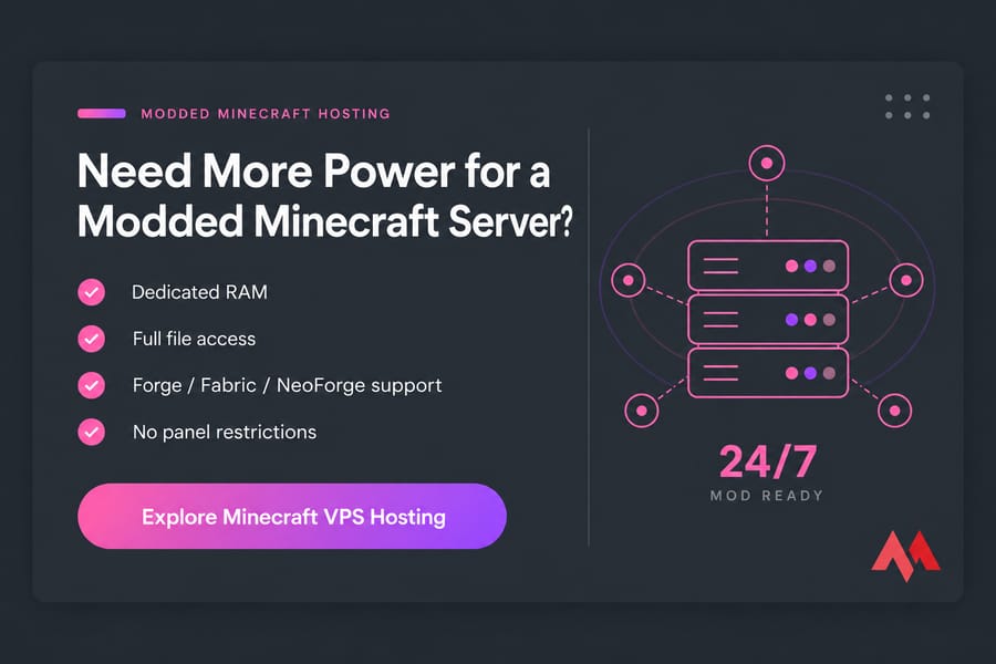 MonoVM CTA card for modded Minecraft hosting with feature bullets and VPS button