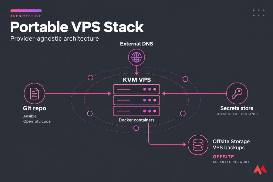 Portable VPS stack diagram showing External DNS, KVM VPS, Docker containers, Git repo, secrets store, and offsite backups.