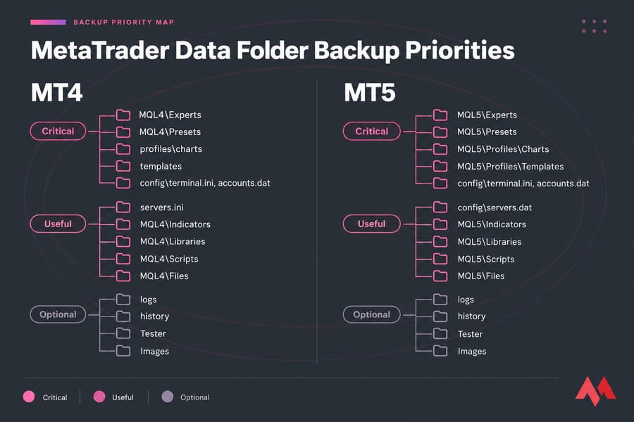 Side-by-side MT4 and MT5 folder tree infographic showing critical, useful, and optional backup folders.