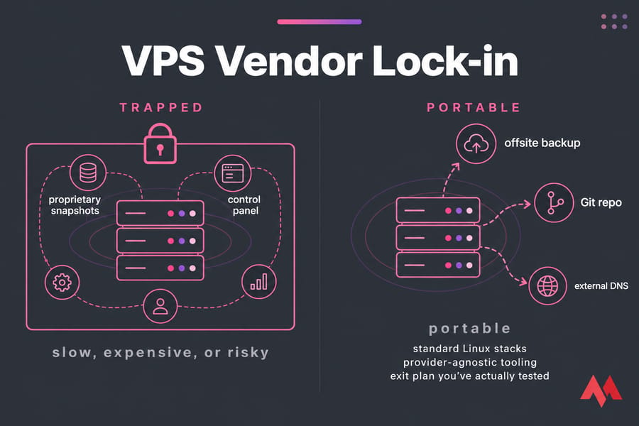 Split-panel illustration contrasting a trapped VPS ecosystem with a portable standard Linux VPS setup.