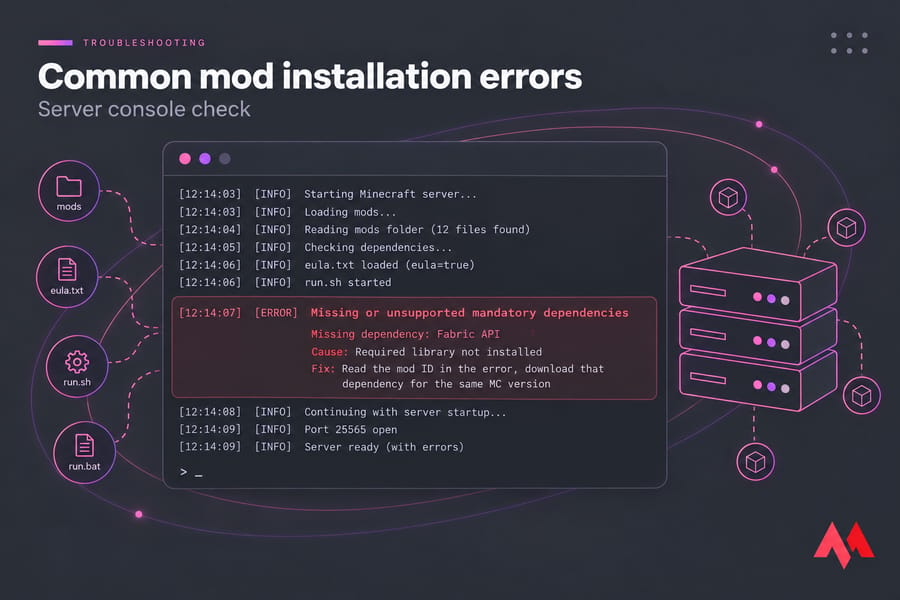 Stylised Minecraft server console showing a highlighted missing dependencies error block.