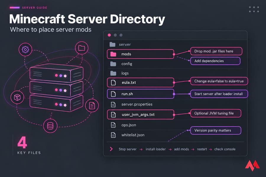 Stylised Minecraft server directory graphic highlighting mods, eula.txt, run.sh, and user_jvm_args.txt.