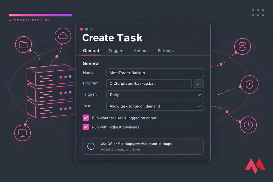 Stylised Task Scheduler Create Task dialog with General tab and backup options checked
