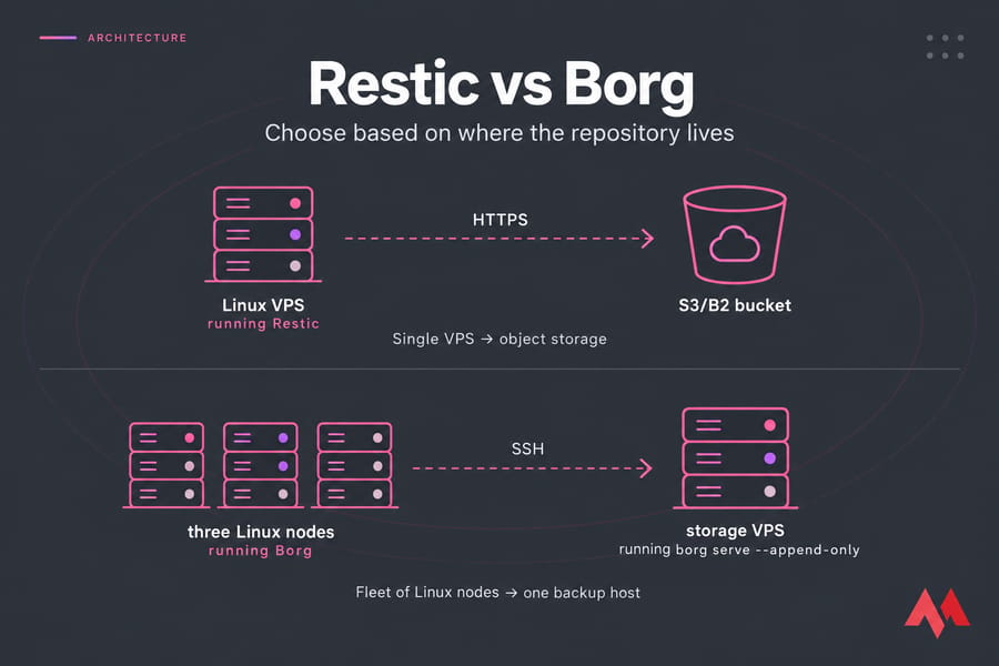 Two-lane diagram comparing Restic to S3/B2 over HTTPS vs Borg to storage VPS over SSH.