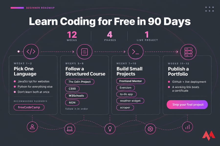 12-week coding roadmap infographic showing phases from language choice to publishing a live portfolio