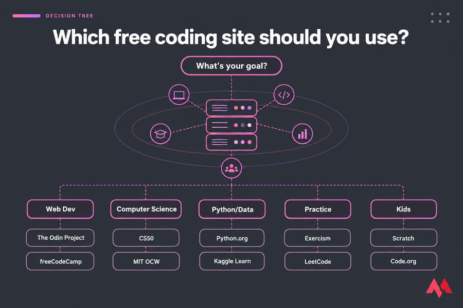 Decision tree infographic showing which free coding site to use by learning goal.