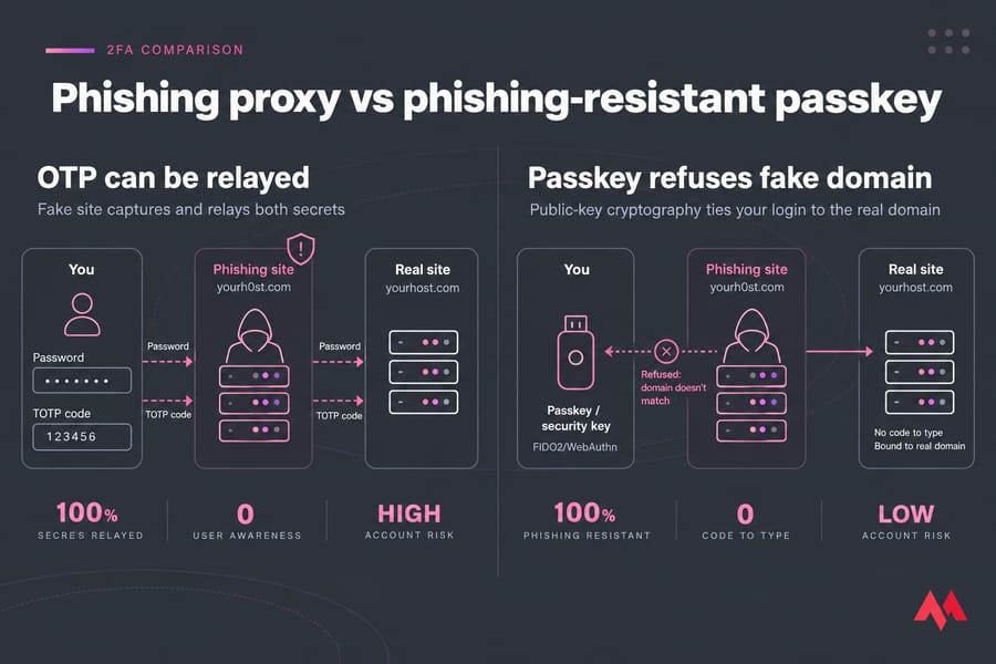 Side-by-side comparison of phishing-relayed OTP login versus passkey refusing a fake domain.