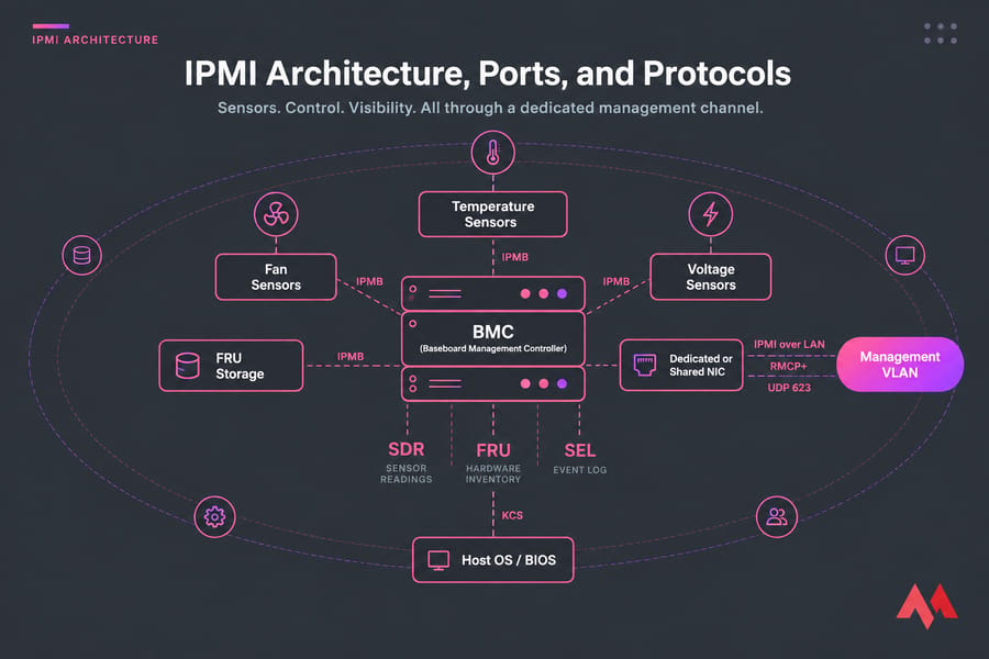Diagram of IPMI architecture showing BMC, sensors, KCS, NIC, Management VLAN, and UDP 623.