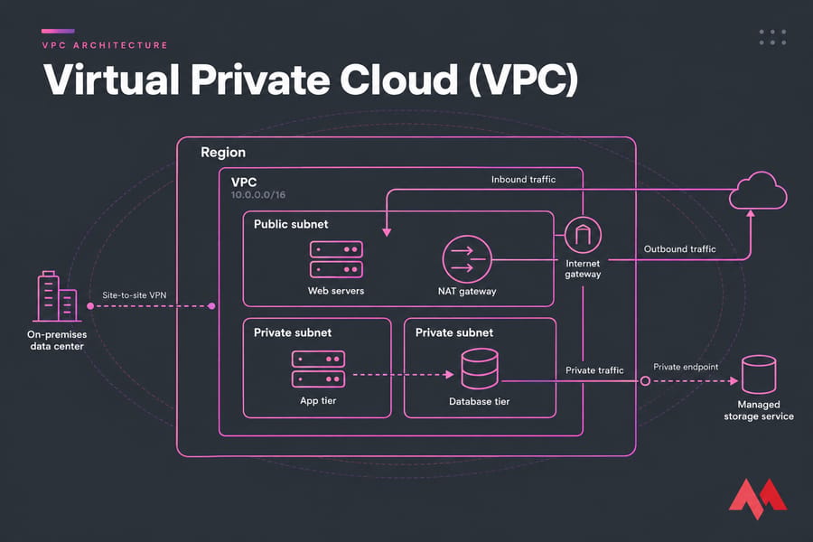 Diagram of a VPC with public and private subnets, gateways, VPN, and labelled traffic flows.