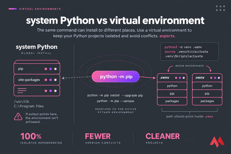 Diagram showing system Python versus isolated .venv environments and how python -m pip resolves.