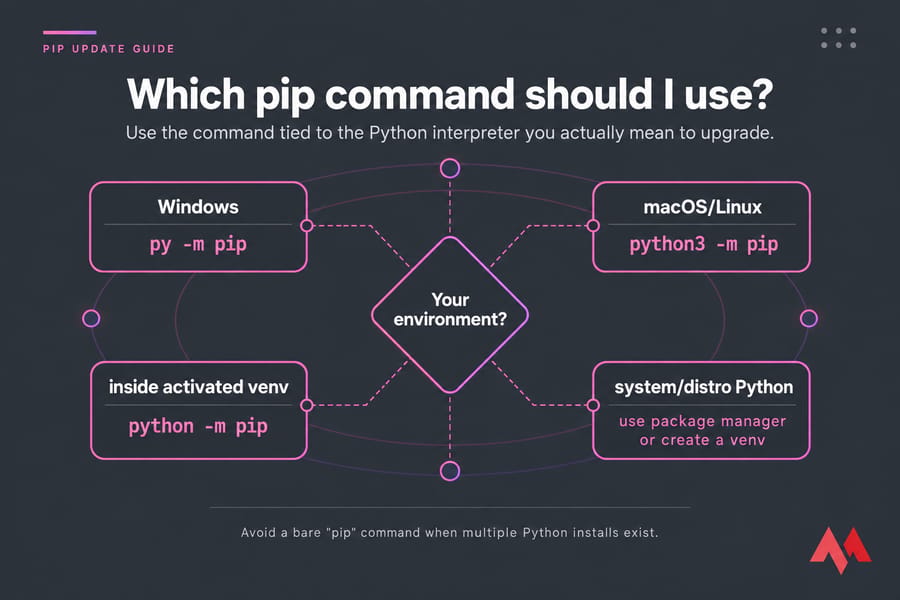 Flowchart showing which pip command to use on Windows, macOS/Linux, venv, or system Python.