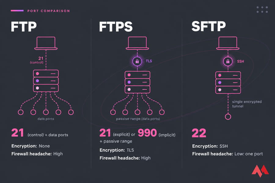 Side-by-side comparison of FTP, FTPS, and SFTP ports, encryption, and firewall complexity