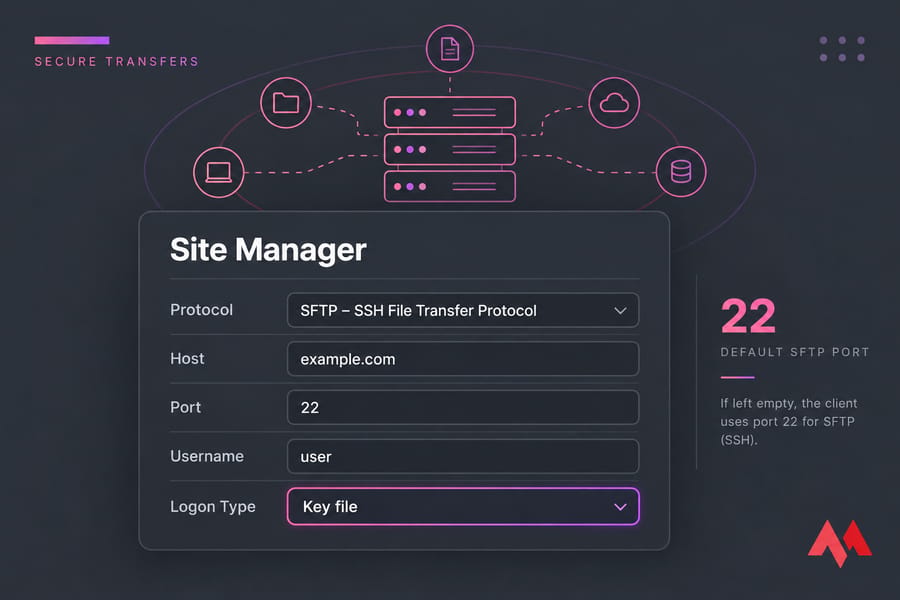 Stylised FileZilla Site Manager showing SFTP protocol, host field, port 22, and Key file login
