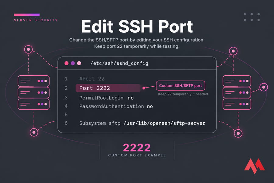 Stylised SSH config editor showing /etc/ssh/sshd_config with Port 2222 highlighted