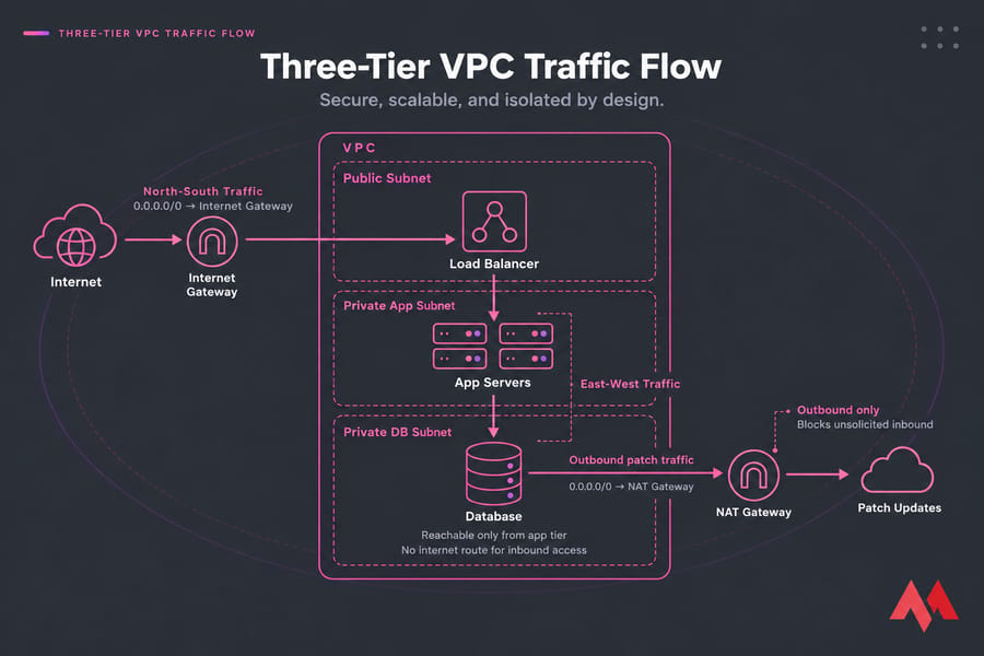Three-tier VPC diagram showing north-south and east-west traffic, internet gateway, app tier, DB tier, and NAT flow
