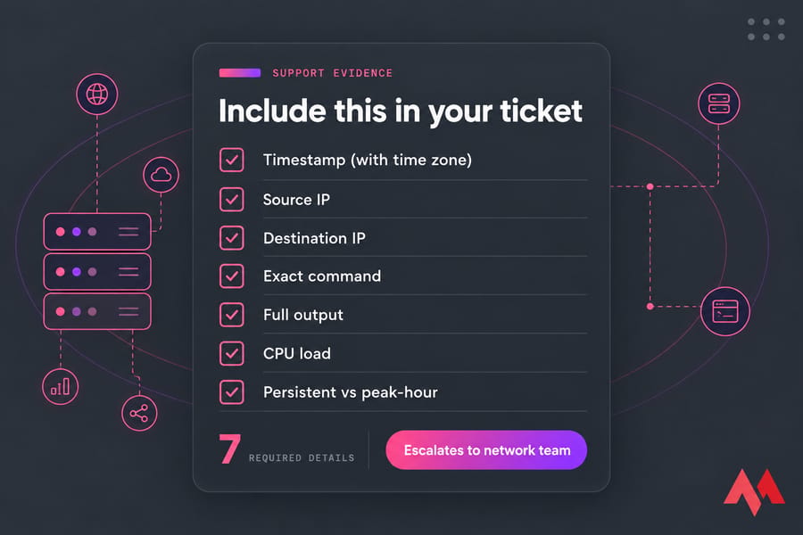 MonoVM-style checklist card showing seven support ticket details to include for VPS network issues.