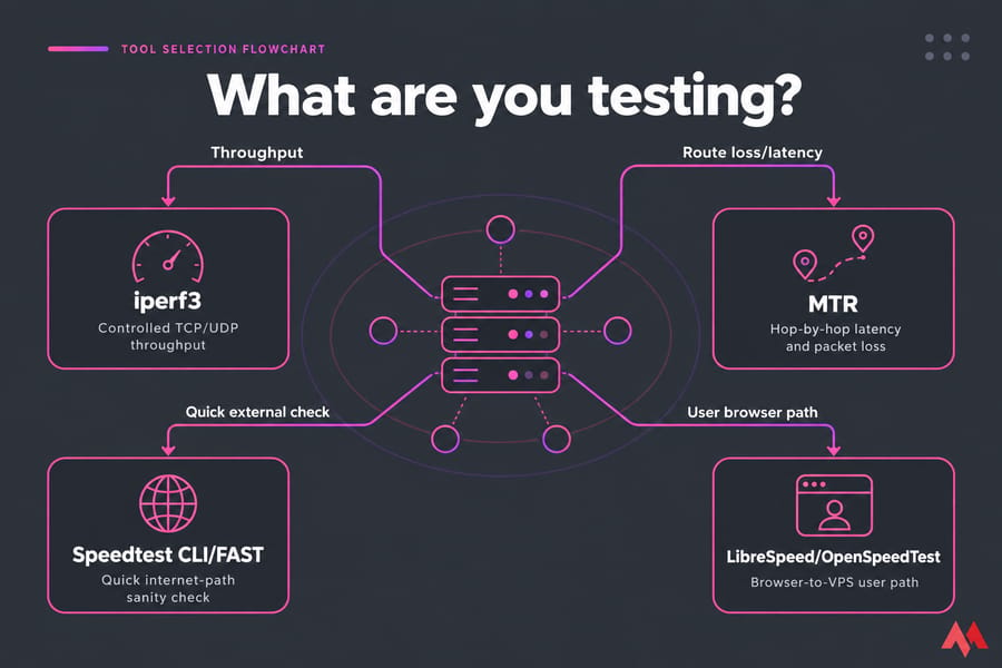 MonoVM-style flowchart mapping VPS testing goals to iperf3, MTR, Speedtest CLI/FAST, and LibreSpeed/OpenSpeedTest.