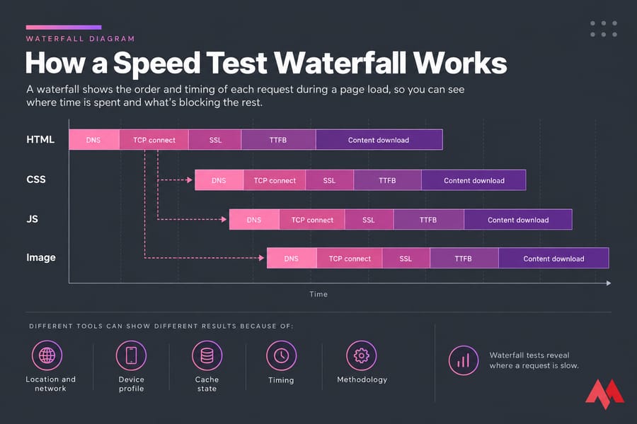Annotated website speed waterfall chart with HTML, CSS, JS, and image request timing phases