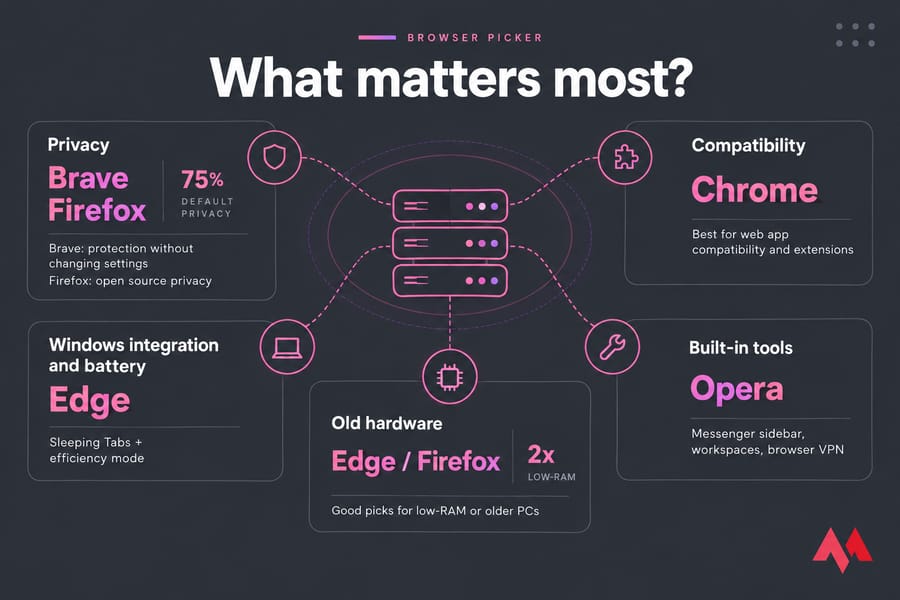 Decision flowchart for choosing Edge, Chrome, Firefox, Brave, or Opera on Windows by priority