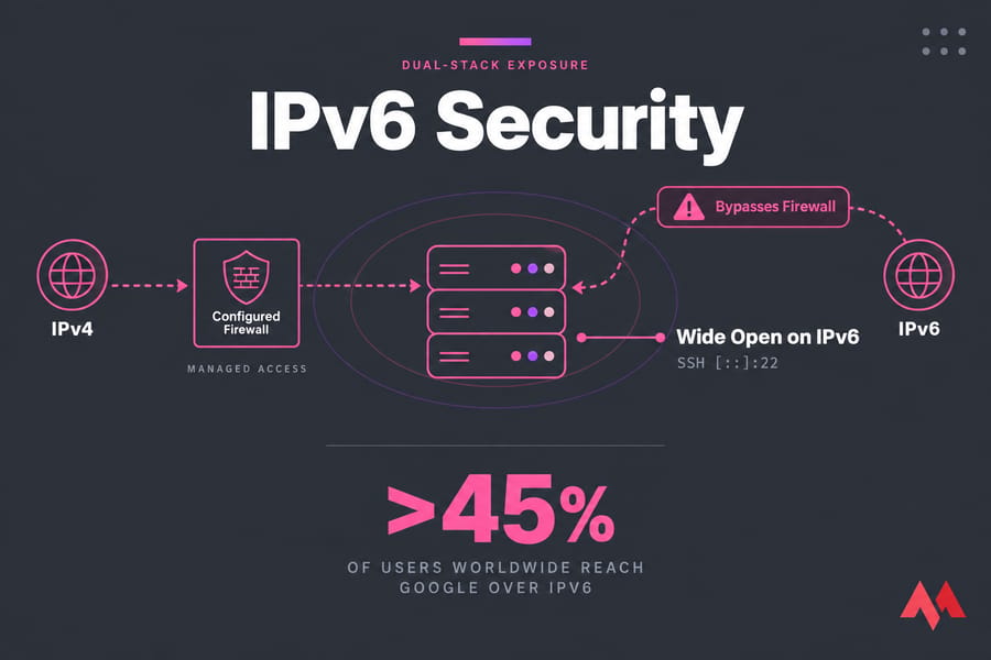 Diagram of a dual-stack server where IPv4 is firewalled but IPv6 bypasses it and exposes SSH.