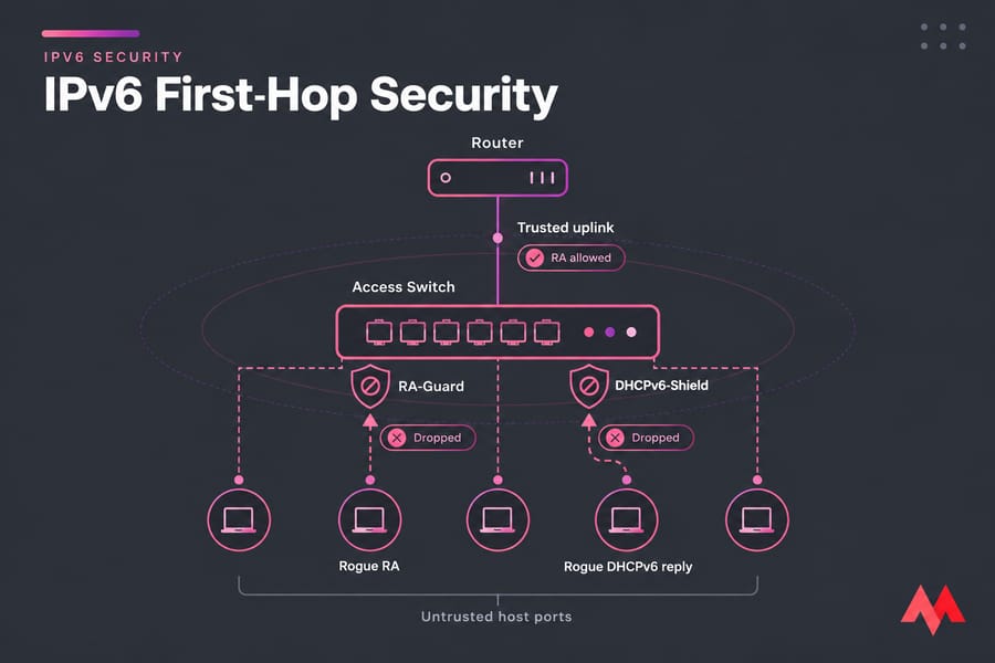 Diagram of IPv6 first-hop security with trusted uplink and RA-Guard and DHCPv6-Shield on host ports.