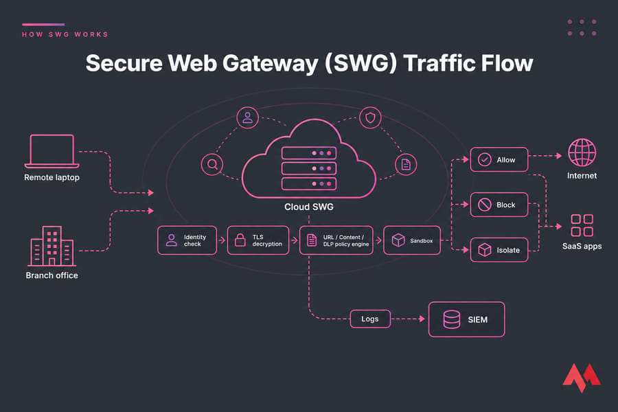 Diagram of SWG traffic flow from users through inspection stages to allow, block, isolate, and SIEM logs
