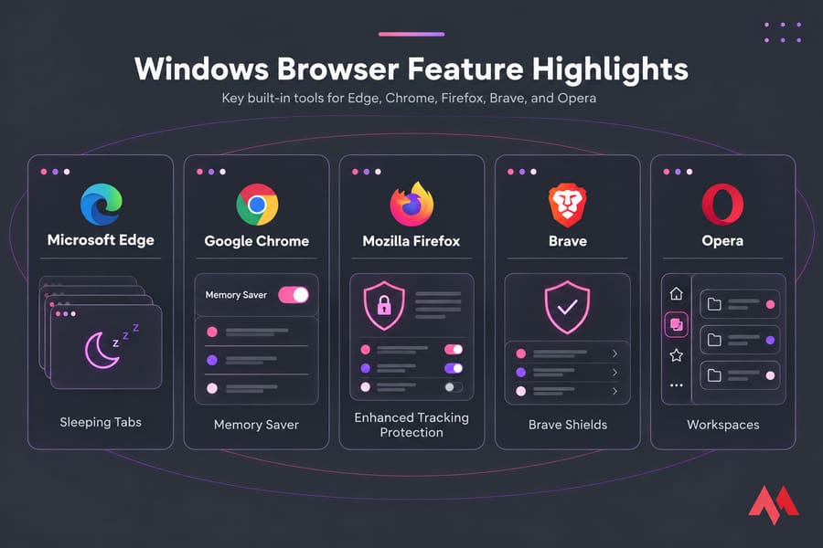Five-panel browser feature collage for Edge, Chrome, Firefox, Brave, and Opera on Windows 11