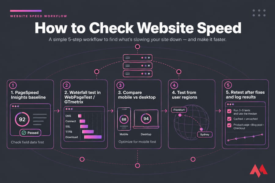 Five-step infographic showing how to check website speed with PageSpeed, waterfall tests, regions, and retesting.