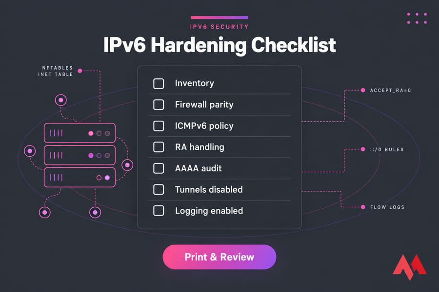 Printable IPv6 hardening checklist card with seven checkboxes and security notes.