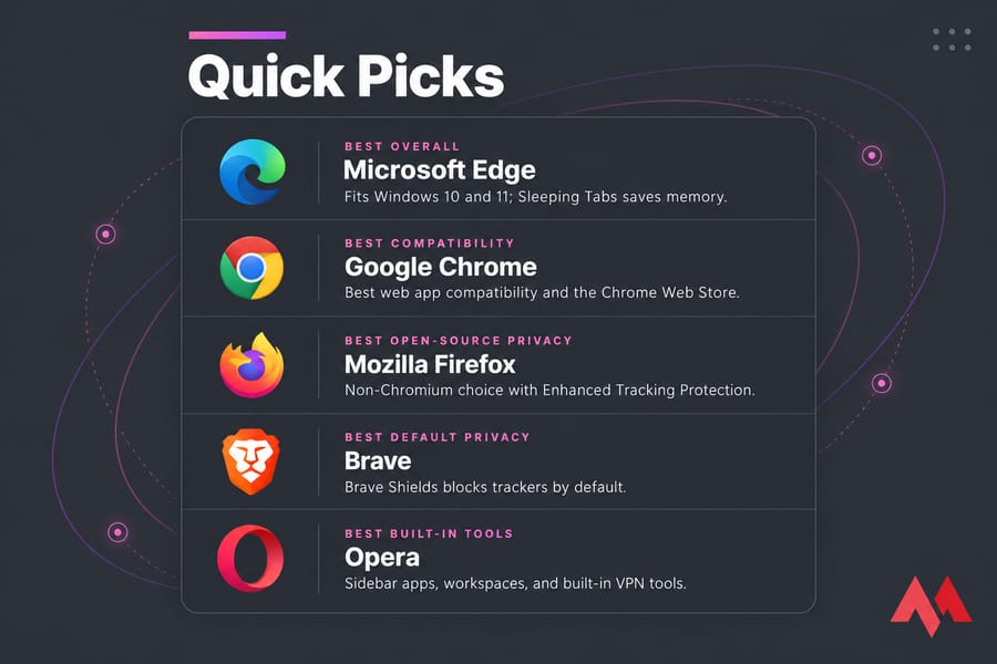 Quick Picks card ranking Edge, Chrome, Firefox, Brave, and Opera for Windows use cases