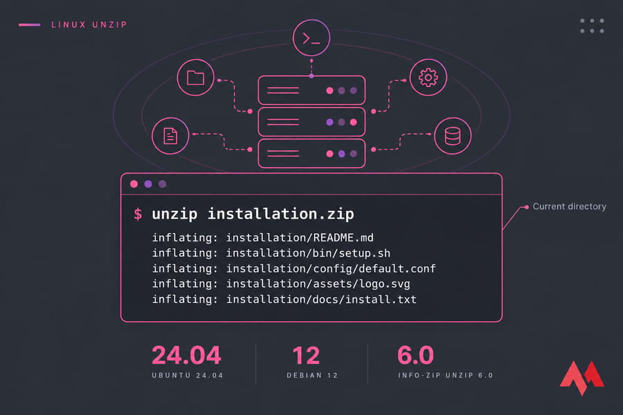 Stylised Linux terminal showing unzip installation.zip with inflating output lines.