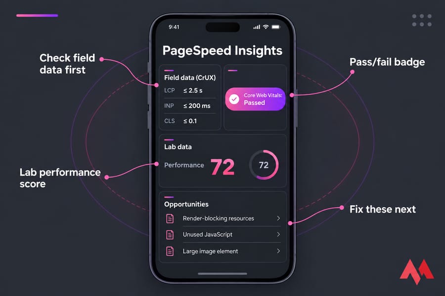 Stylised mobile PageSpeed Insights report with CrUX, passed CWV badge, score, and opportunities callouts