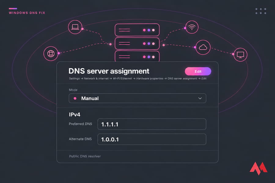 Stylised Windows DNS settings illustration showing Manual mode with 1.1.1.1 and 1.0.0.1 entered.