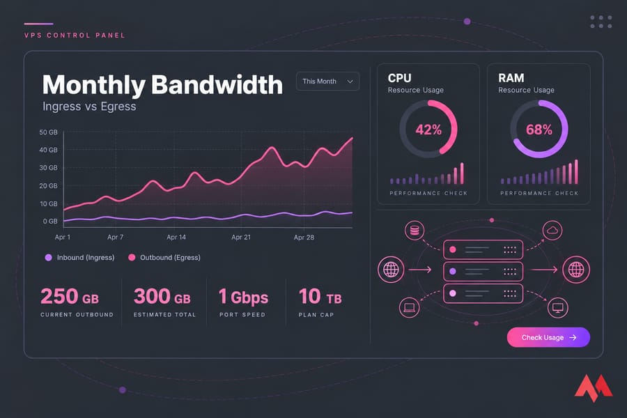 Stylised VPS dashboard showing inbound and outbound bandwidth graphs with CPU and RAM widgets.