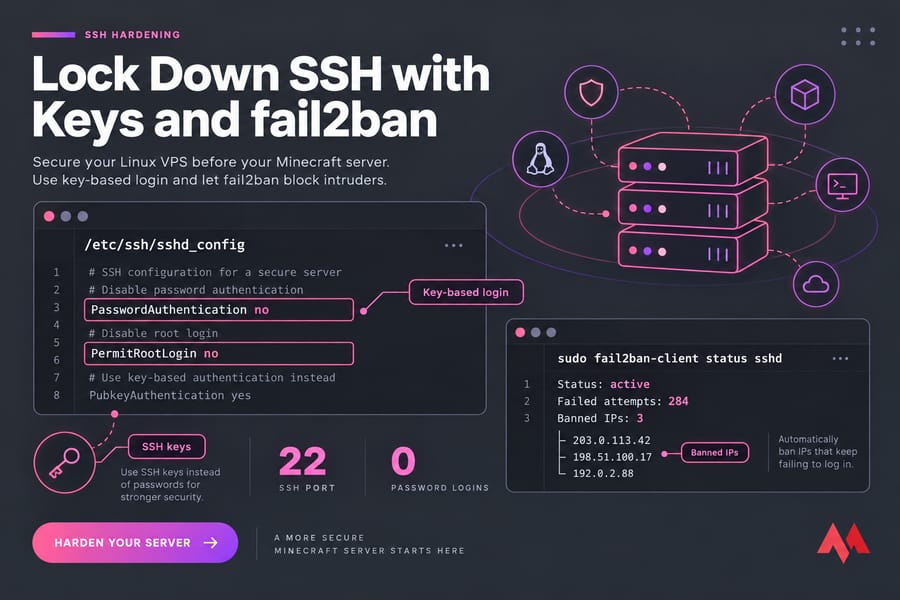 Conceptual SSH hardening graphic with sshd_config settings and fail2ban banned IP status