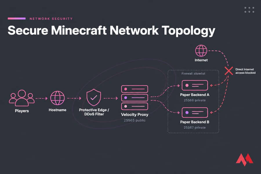 Diagram of a secure Minecraft topology with proxy on 25565 and private backends blocked from direct internet access.