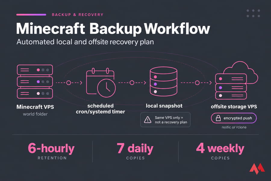 Diagram of Minecraft VPS backup flow from world folder to automated local and encrypted offsite backups.